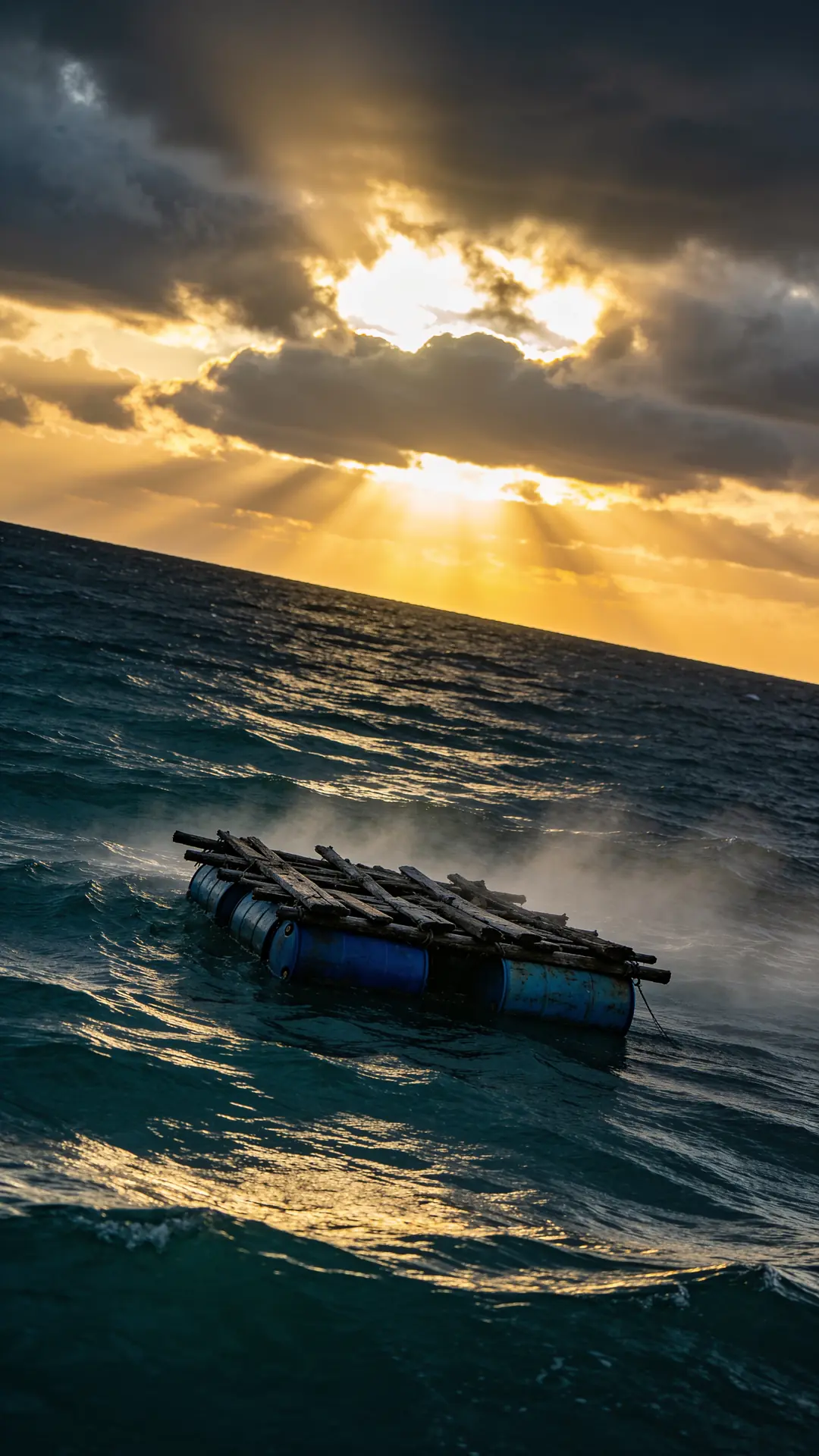 Isaac on his debris raft at dawn, first light breaking over a cold sea